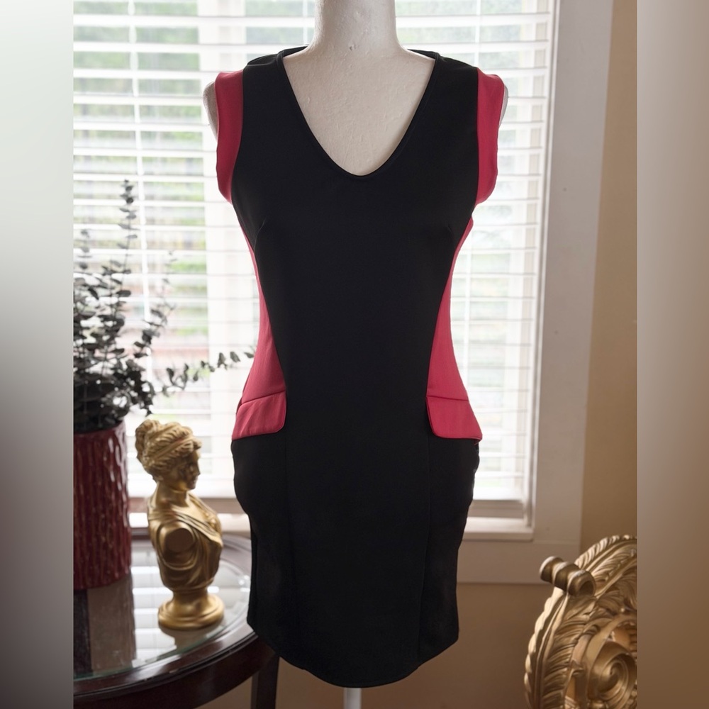 Black and Pink V-Neck Sheath Dress
